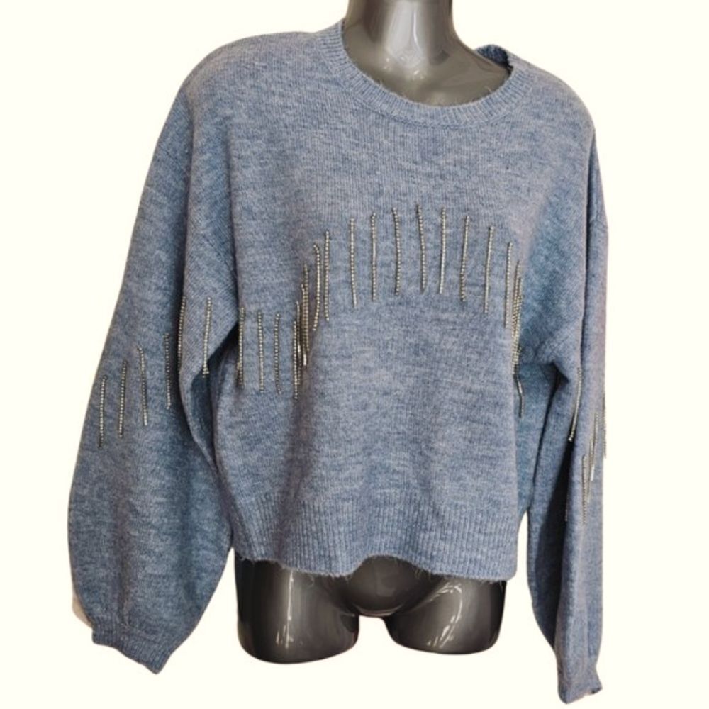 Balloon Sleeve Sweater With Dangling Rhinestone Flair Western Rodeo Cowboy Blue
